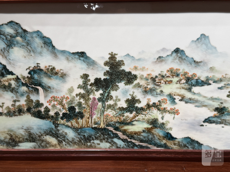 1954年作 汪小亭粉彩红树山庄图横画长条瓷板 - 图12